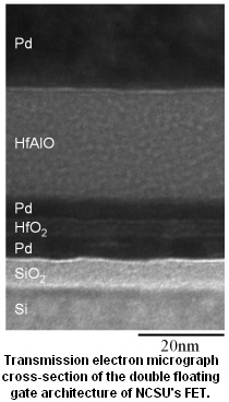 Электронная микрофотография поперечного сечения структуры полевого транзистора с двойным плавающим затвором